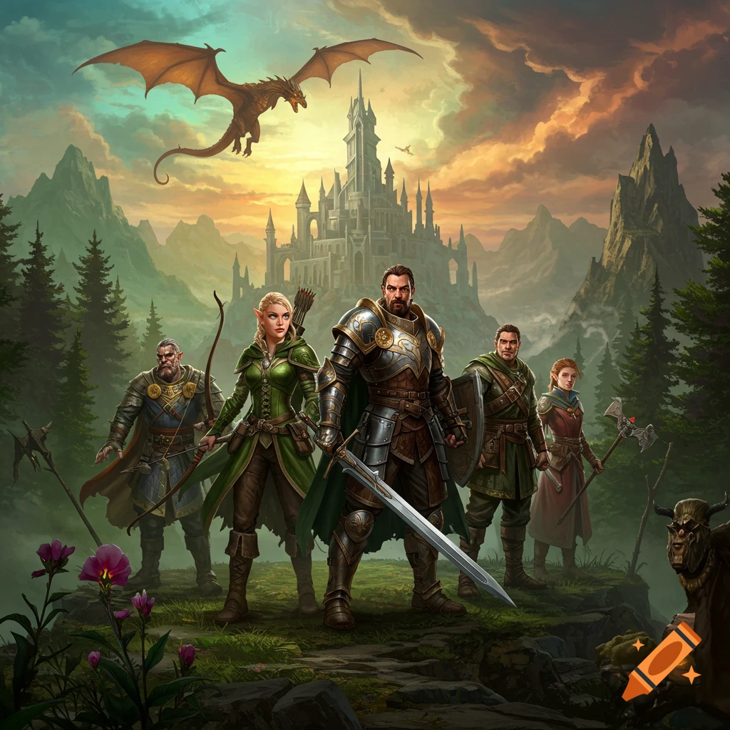 Fantasy heroes standing before a castle with a dragon flying overhead.