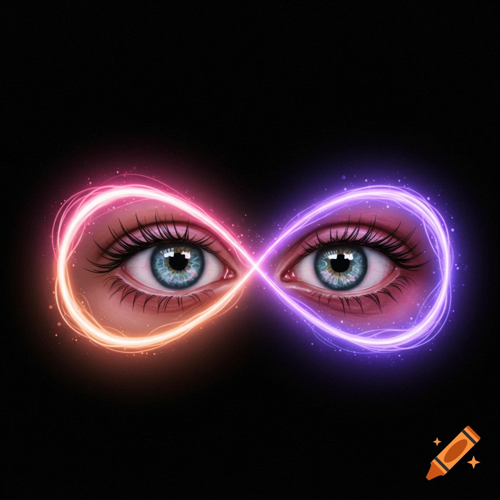 Two eyes are framed by glowing pink and purple neon light forming an infinity sign on a black background.