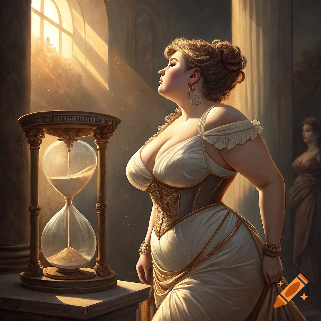 A classical-style portrait of a woman with an hourglass figure next to a large hourglass.