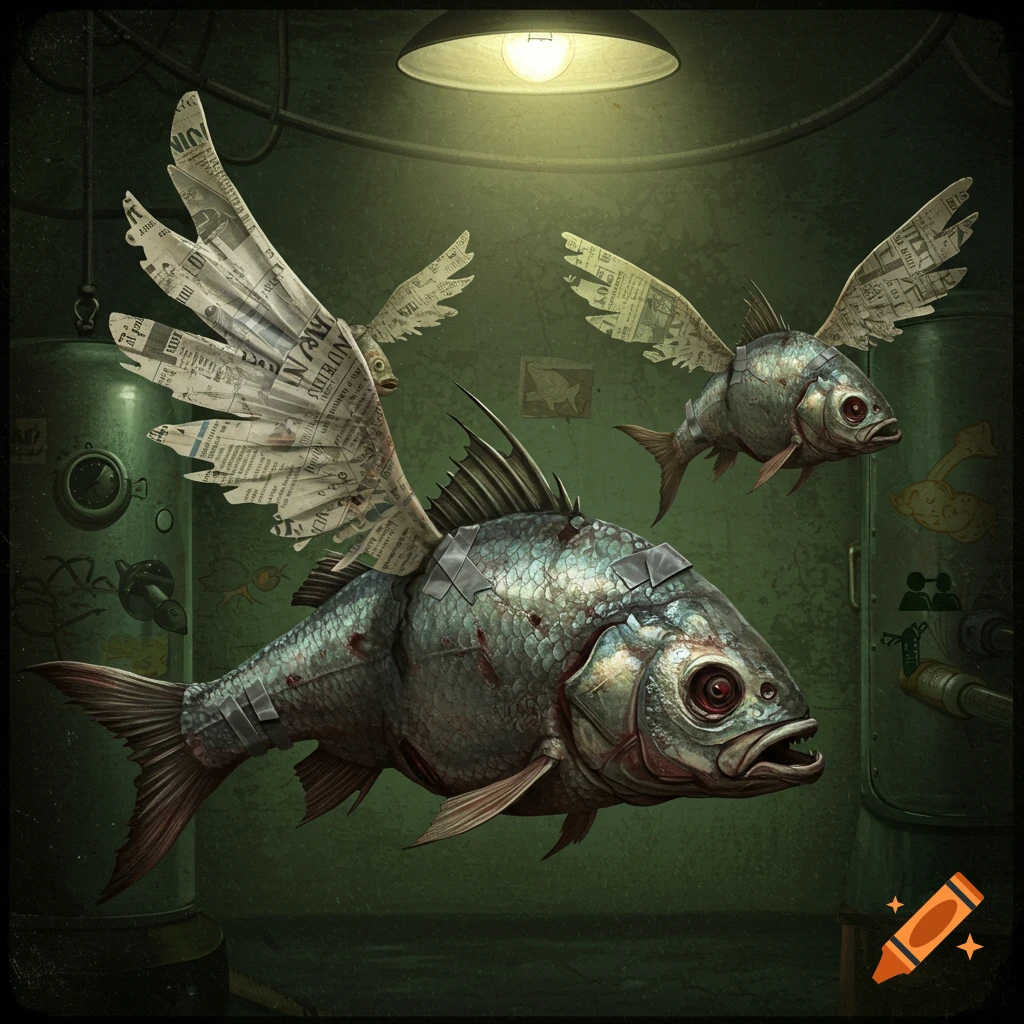 Two reanimated fish with newspaper wings are flying in a dark green room.