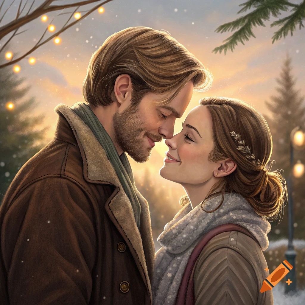A man and woman gaze into each other's eyes outdoors in a snowy scene with lights.