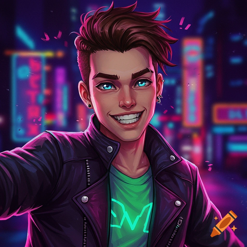 A young man in a leather jacket smiles in front of a neon city background.