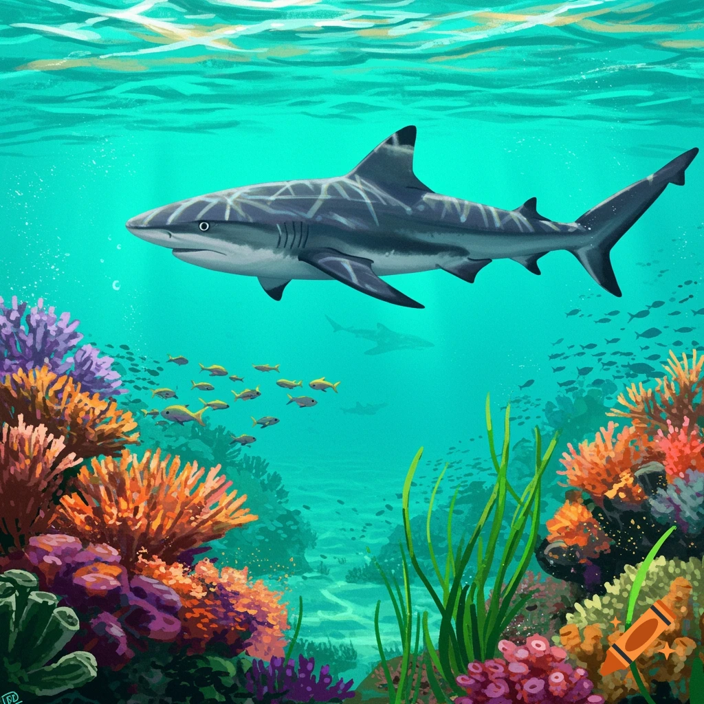 A shark swims over a vibrant coral reef teeming with fish.