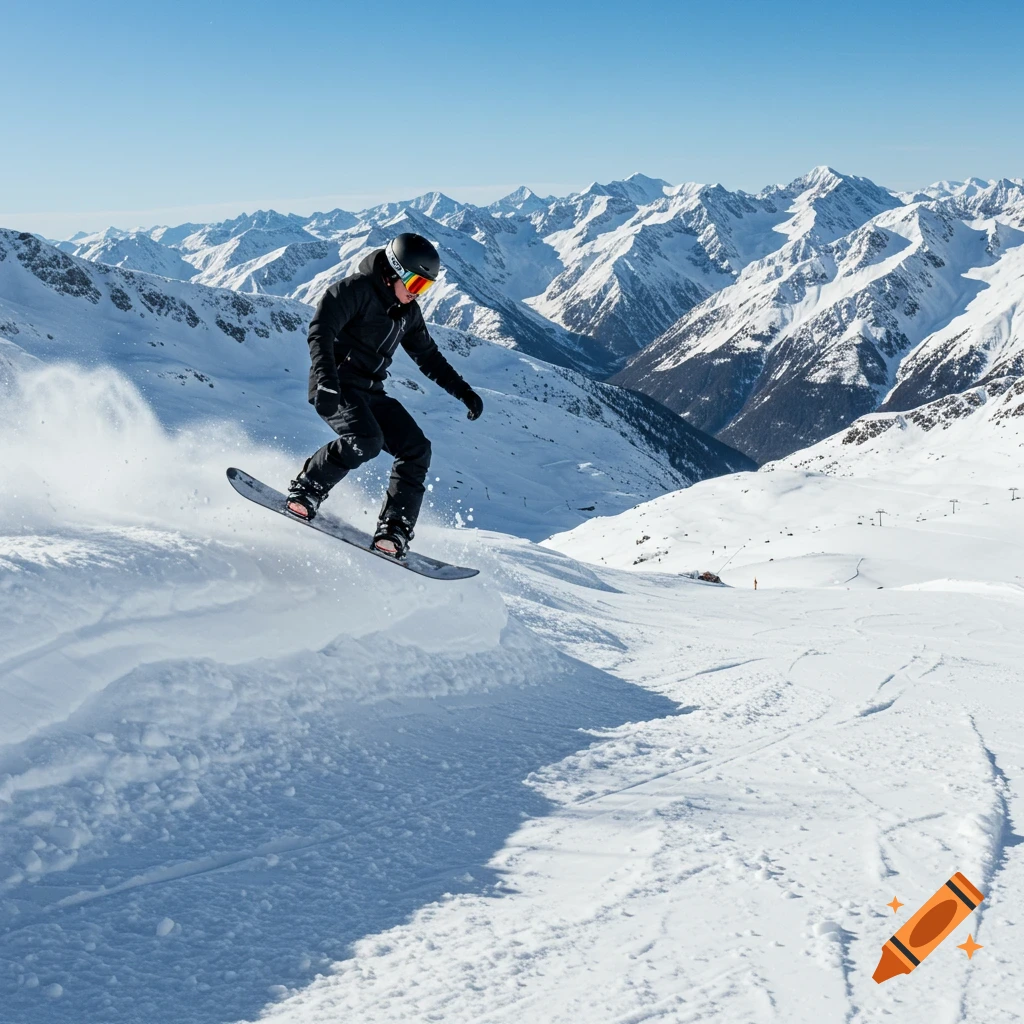 Person snowboarding down a snowy mountain slope on a sunny day.