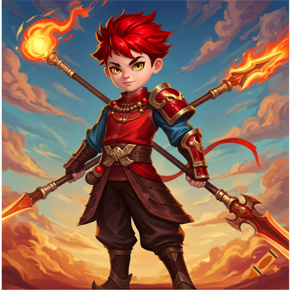 A fantasy character, a boy with red hair in armor holding fiery staffs, against a cloudy sky.
