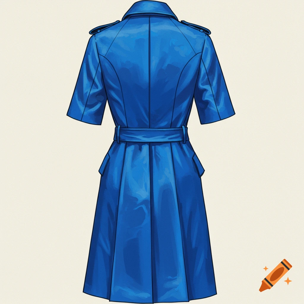A blue short-sleeved trench coat from the back.