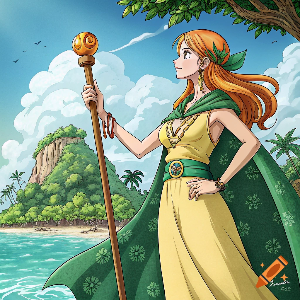 Anime illustration of Nami from One Piece on a tropical beach, holding a staff.