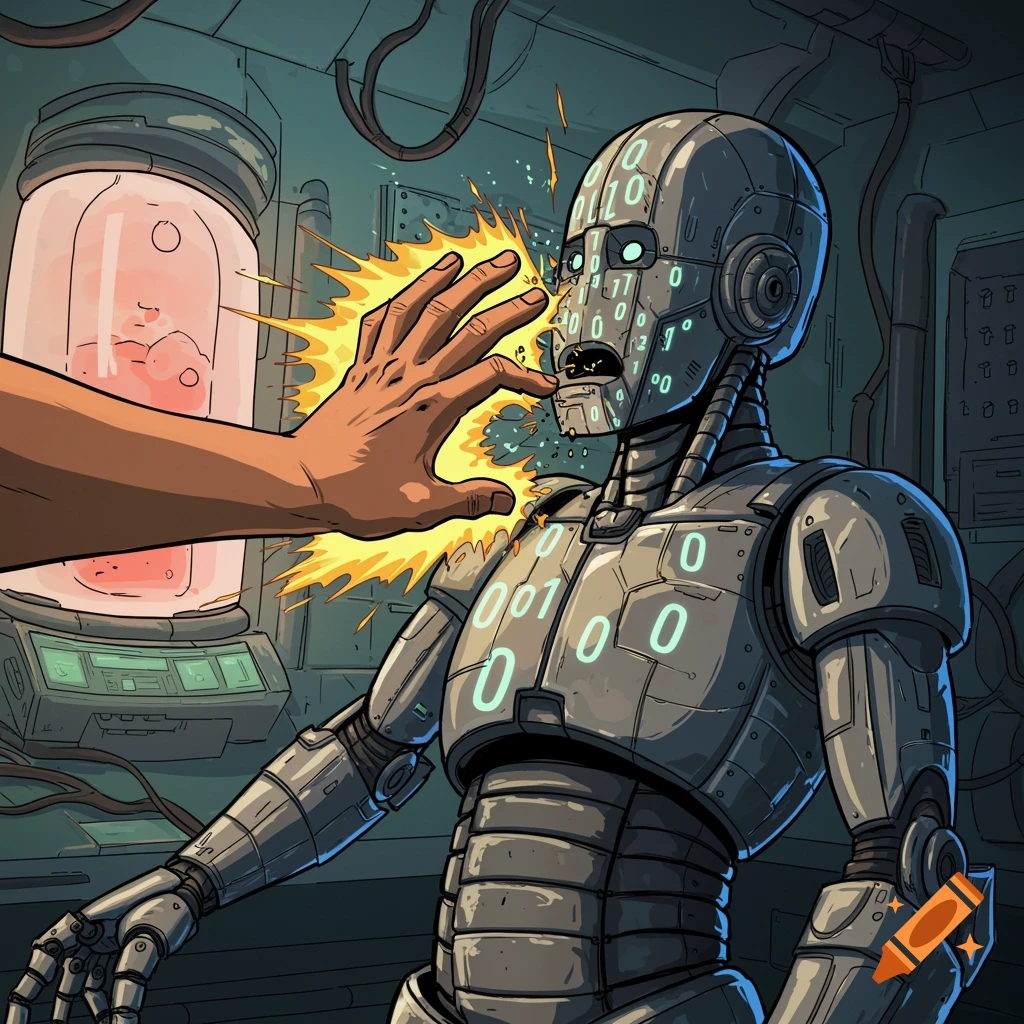 A comic-book style illustration of a human hand slapping a robot covered in glowing binary code in a futuristic lab.