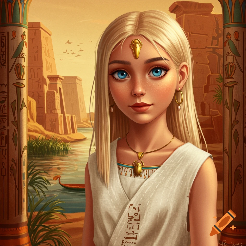 A young girl with blonde hair and blue eyes stands in ancient Egypt near the Nile River.