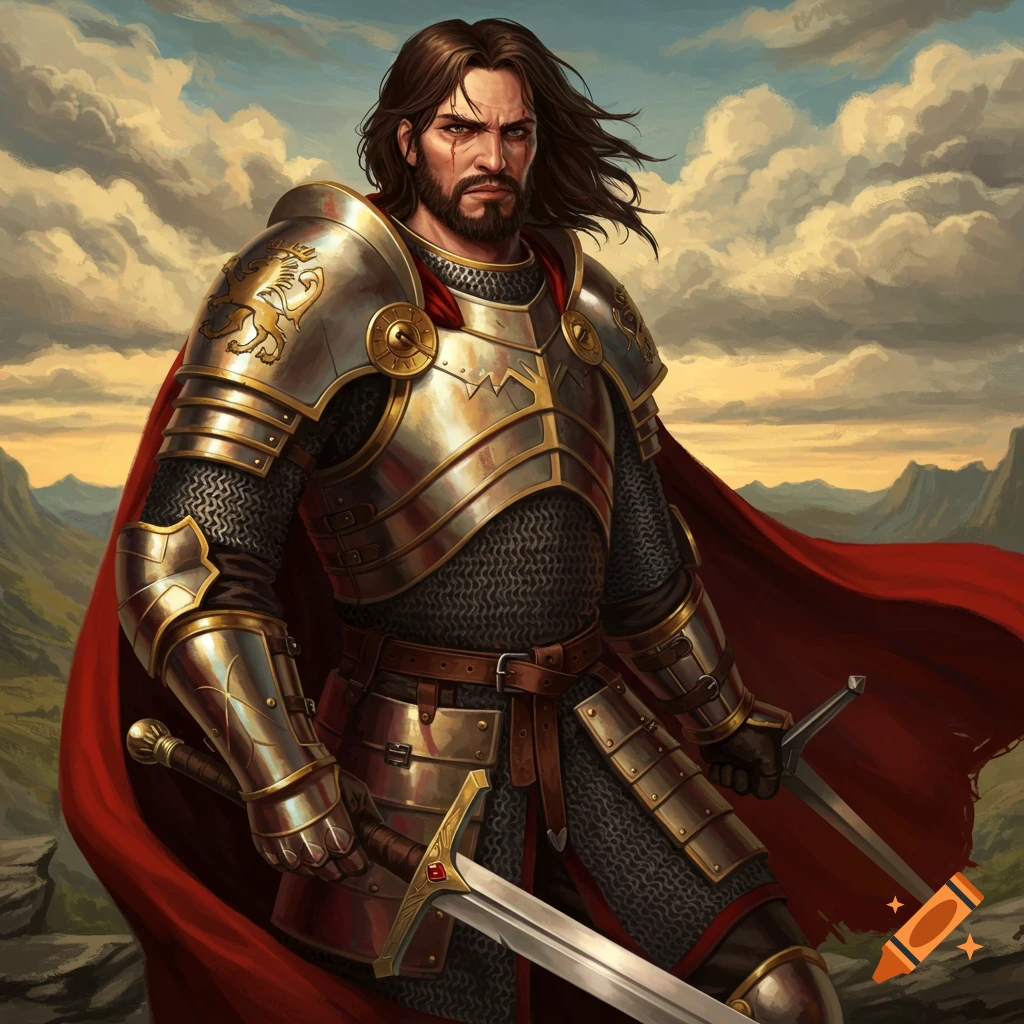 Image of a knight in ornate armor with a red cape, holding two swords, in a mountain landscape.