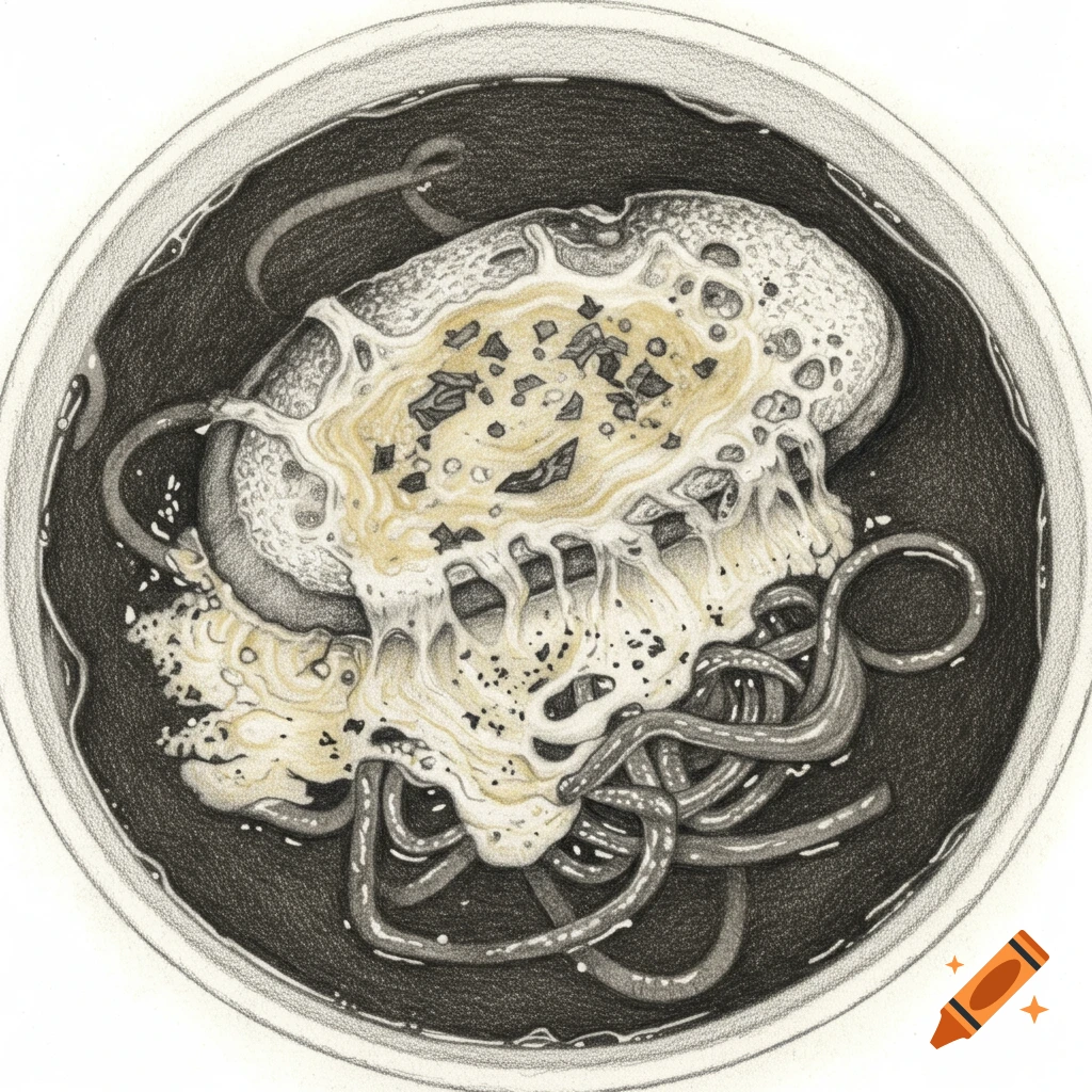 Pencil drawing of French onion soup with melted cheese and toast in a bowl.