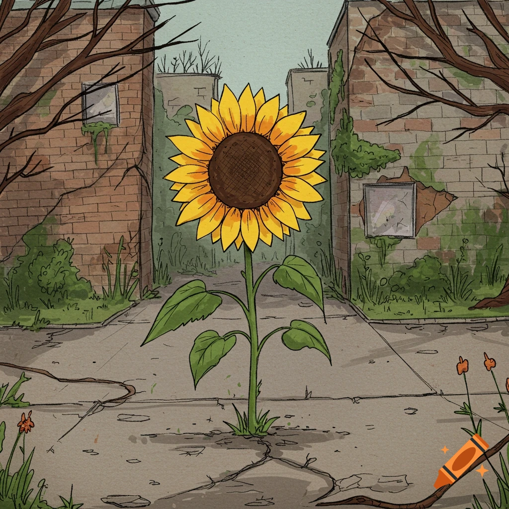 A large sunflower grows from cracked pavement between crumbling brick buildings with overgrown vegetation in a simple drawing style.
