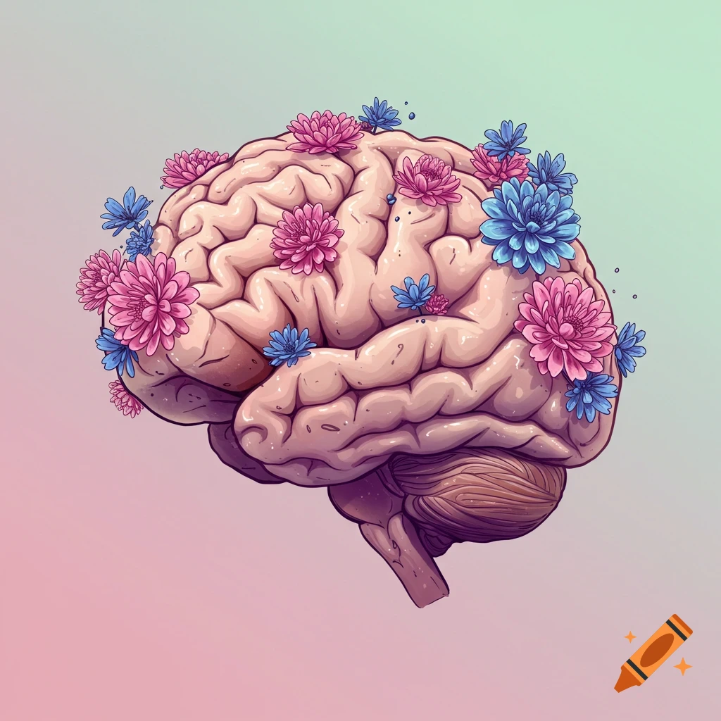 A stylized human brain covered in pink and blue flowers on a gradient background.