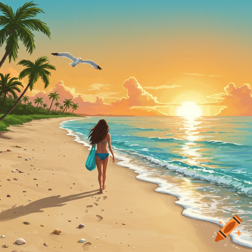 A woman walks on a beach towards the sunset with seagulls and palm trees.
