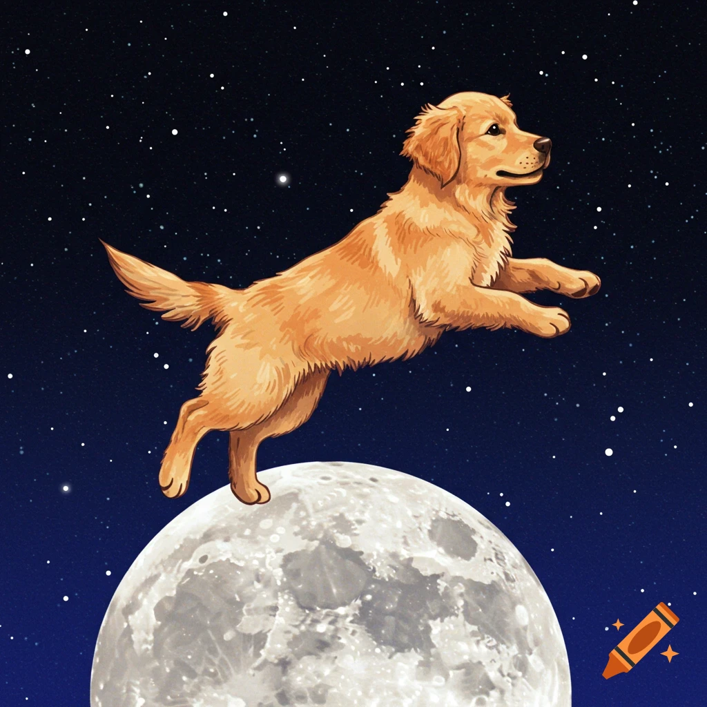 A golden retriever dog jumping over a full moon in a starry night sky.
