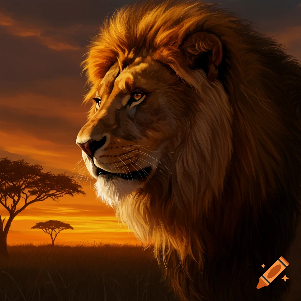 A lion's head looking left with a savanna sunset background