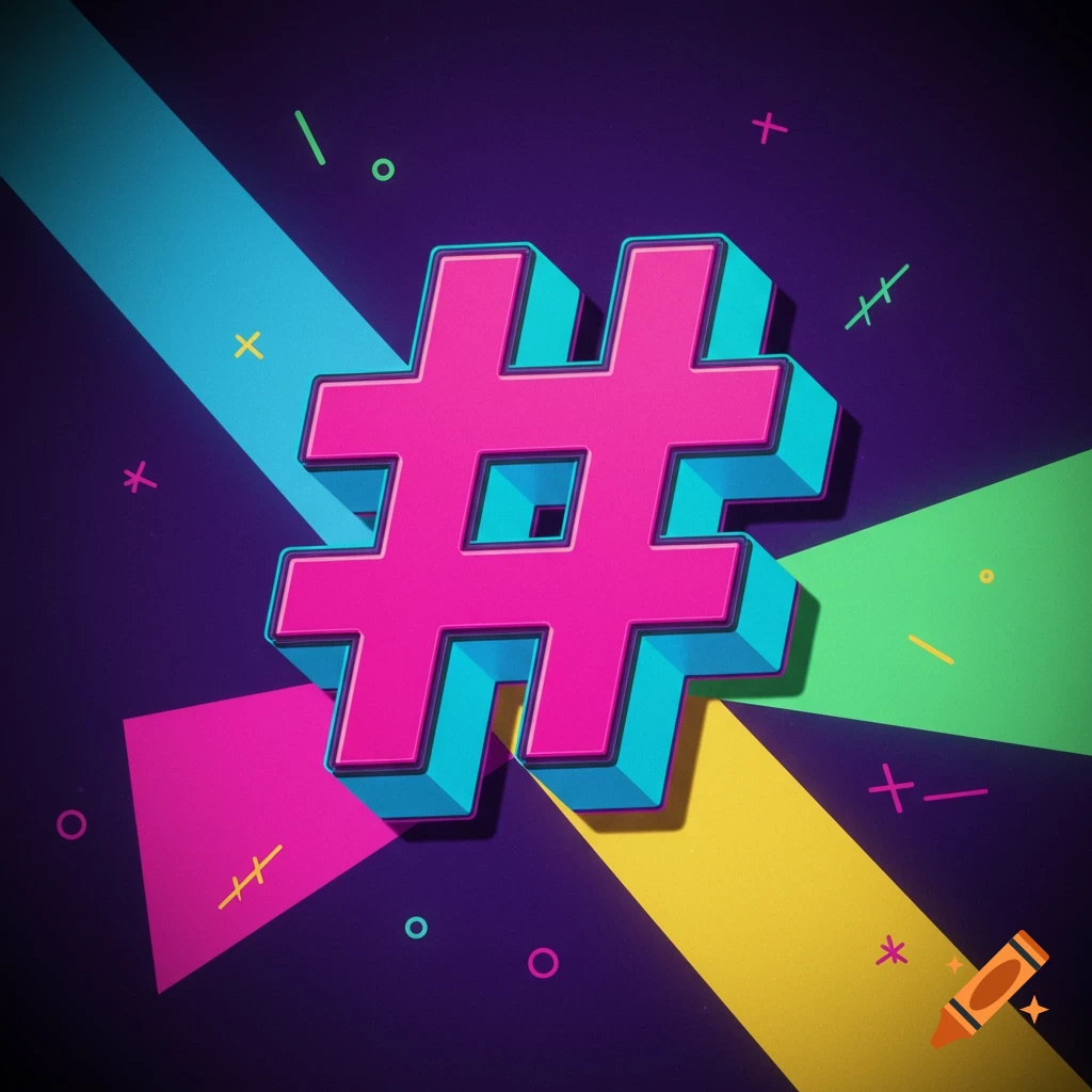 A vibrant pink and teal 3D hashtag symbol in a retro 90s style with colorful geometric background.
