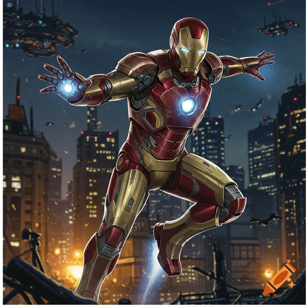 Iron Man in his Extremis armor jumps over a ruined city street at night.