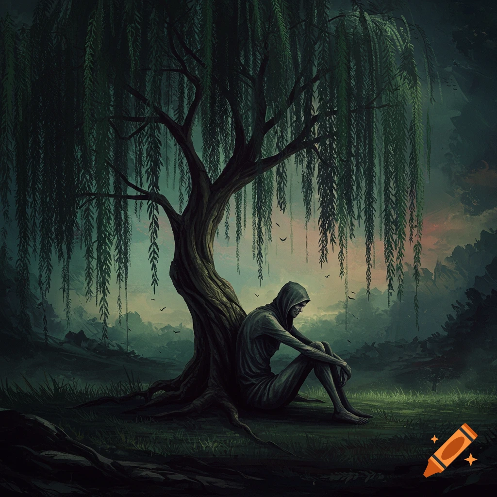 A dark hooded figure sits hunched under a weeping willow tree in a surreal, gloomy scene.