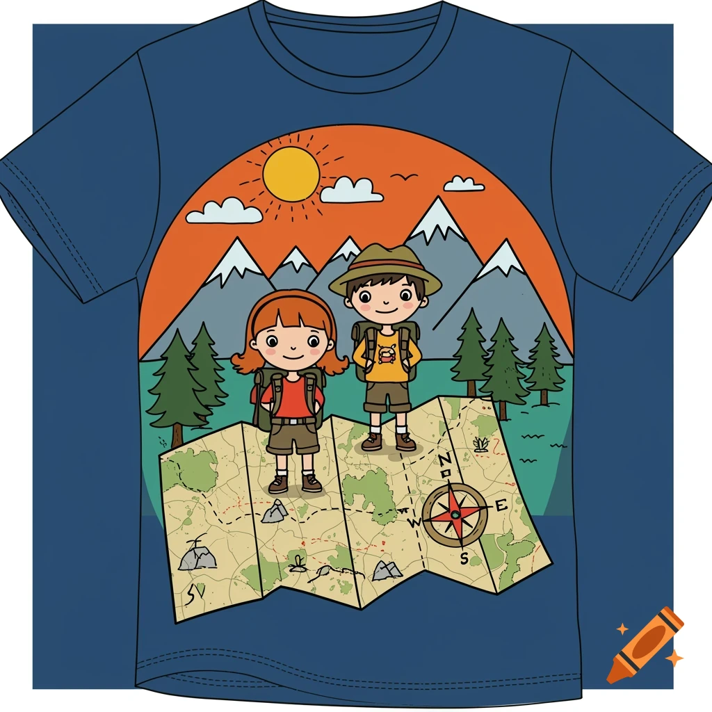 Whimsical cartoon illustration on a t-shirt of two children standing on a map with mountains and sun behind them.