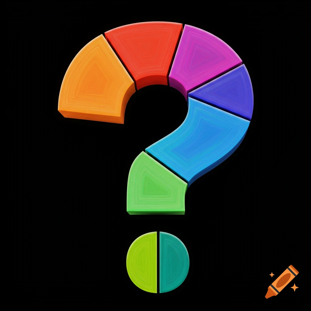 A colorful question mark symbol made of segmented sections against a black background.