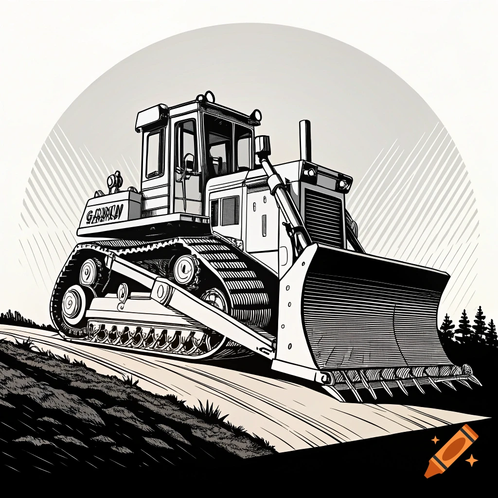 Black and white vector illustration of a bulldozer on a dirt road.