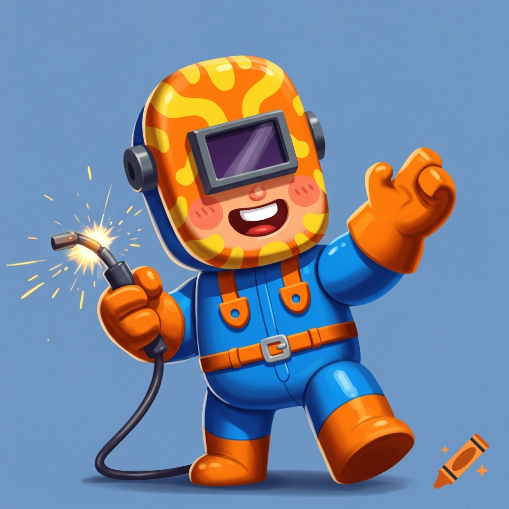 Cartoon character in a welder suit holding a torch with sparks.