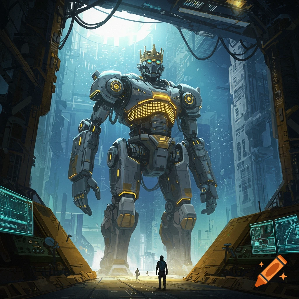 A giant crowned robot stands in a futuristic city viewed from inside a structure with screens.