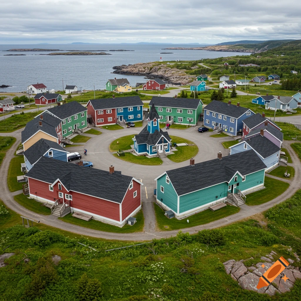 Aerial view of a circular village layout of colorful houses around a blue church in a coastal landscape