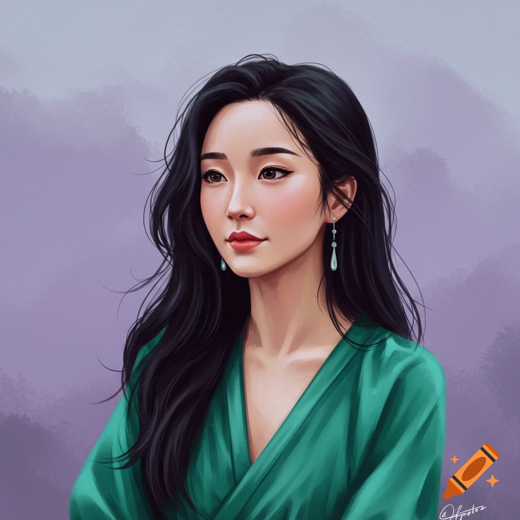 A woman in a green dress with dark hair and earrings.