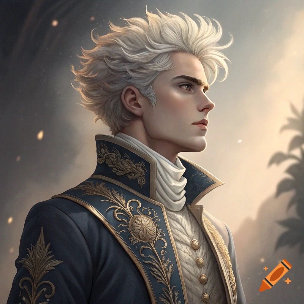 Portrait of a man with white hair in a blue and gold fantasy coat.
