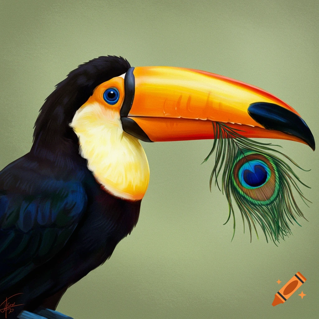 A toucan holds a peacock feather in its beak.