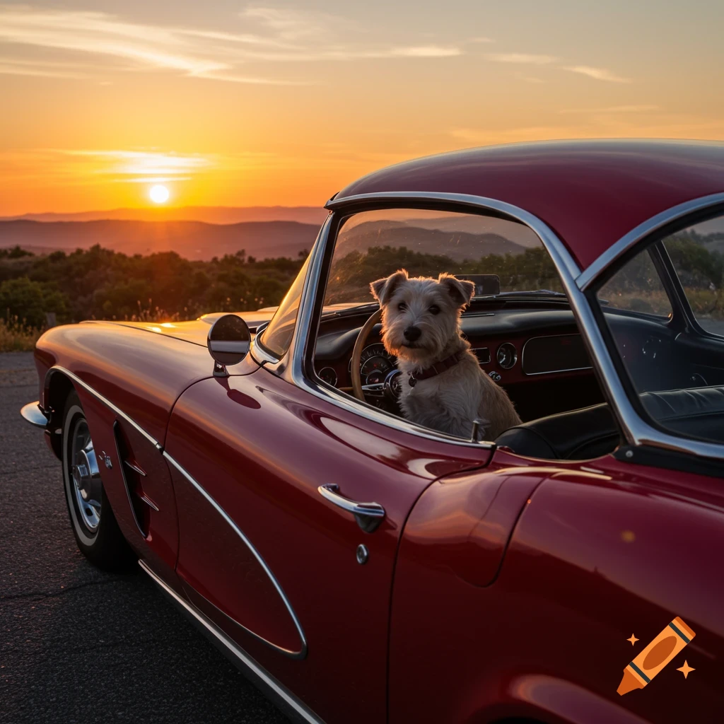 A small dog sits in the driver's seat of a red vintage car at sunset.