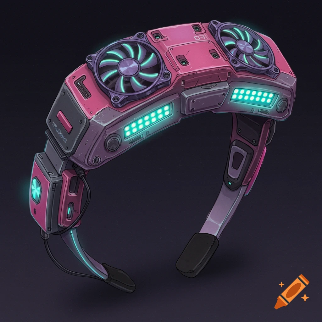 A futuristic pink and gray headband with fans and glowing lights.