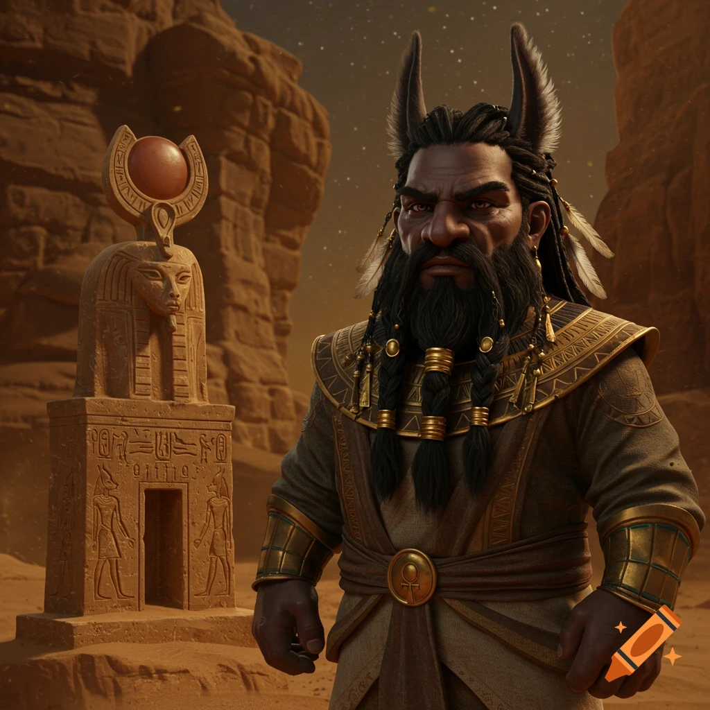 Fantasy dwarf priest with animal ears, beard, in Egyptian-style clothes, standing by a statue in a desert.