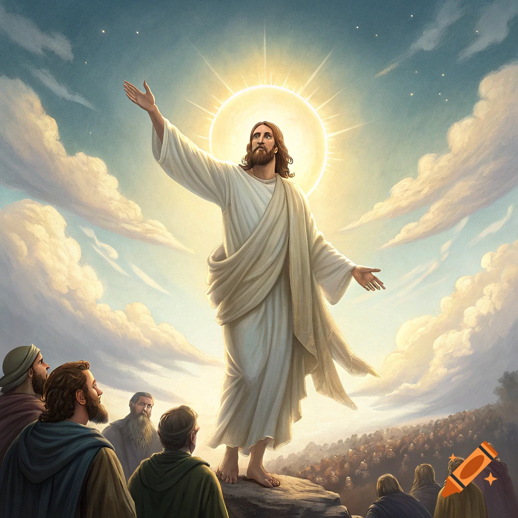 Jesus stands on a rock raising his arm, a crowd below looks up, under a bright light and cloudy sky.