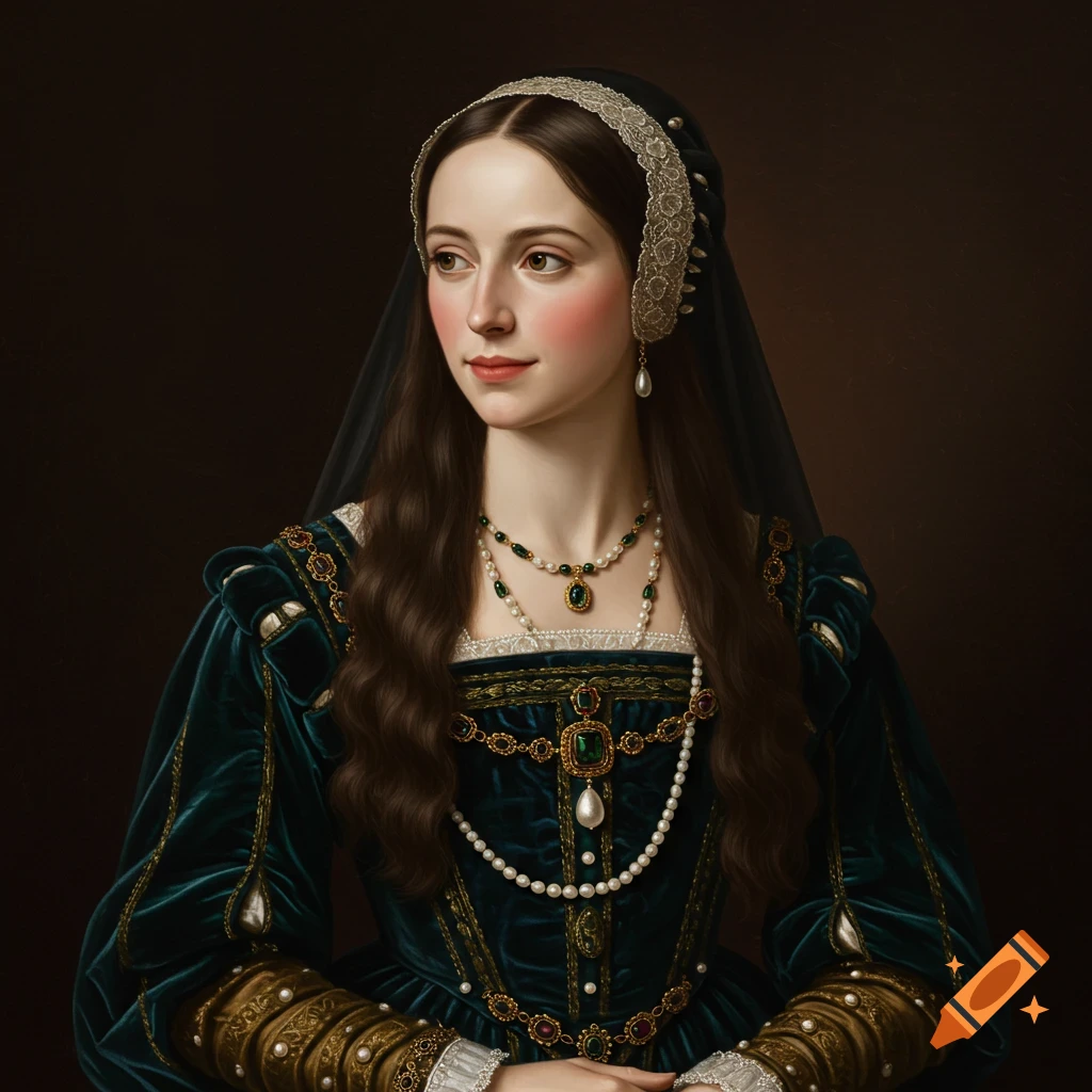 A renaissance portrait of a woman in a green velvet dress and elaborate pearl and gem jewelry.