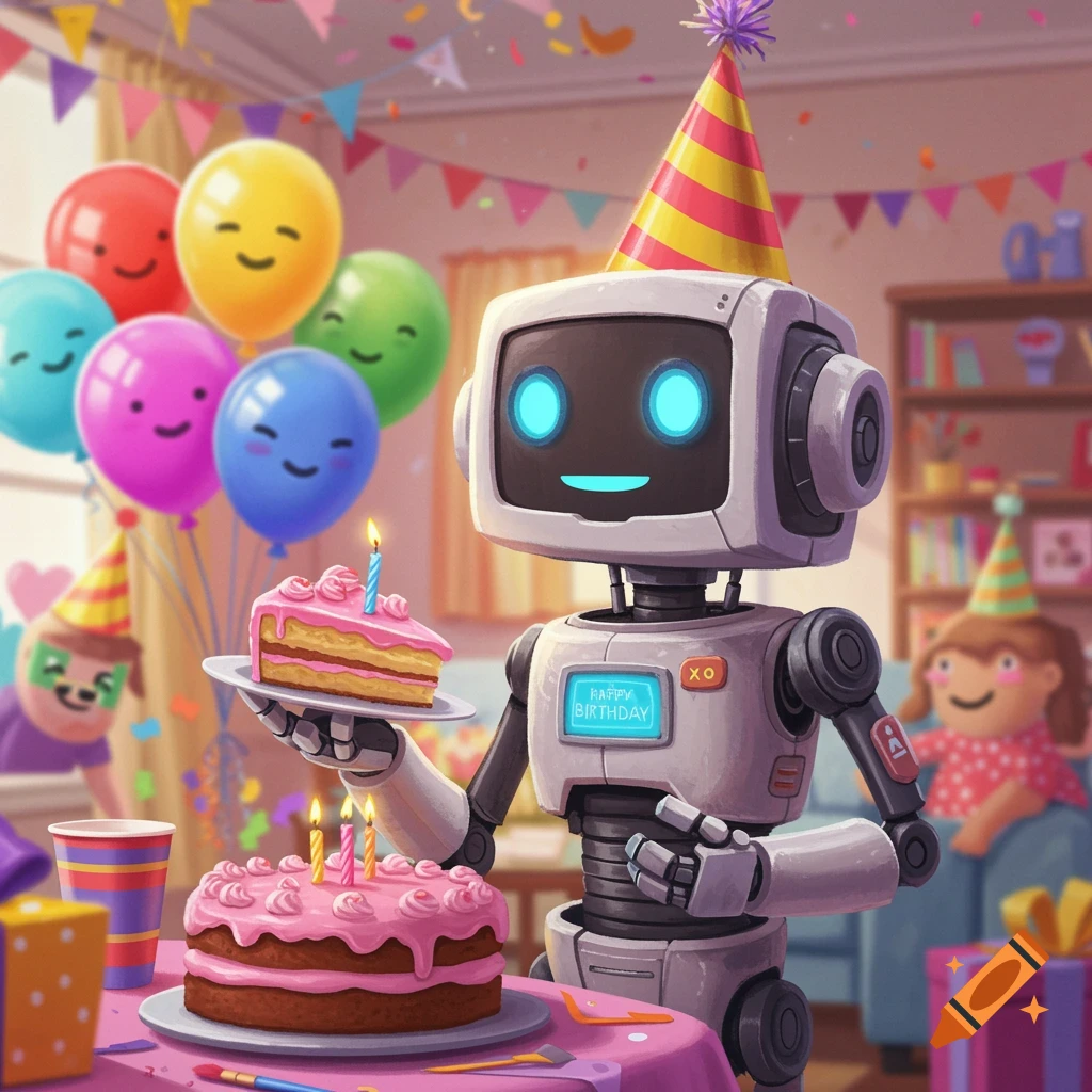 A friendly robot with glowing blue eyes holds a slice of cake at a vibrant birthday party scene with balloons and children.