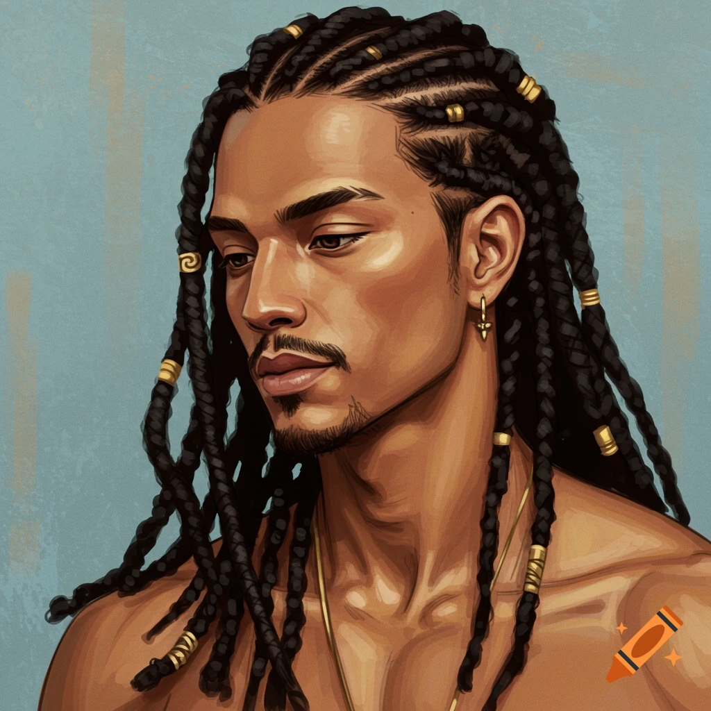 A man with braids and gold beads looks down.