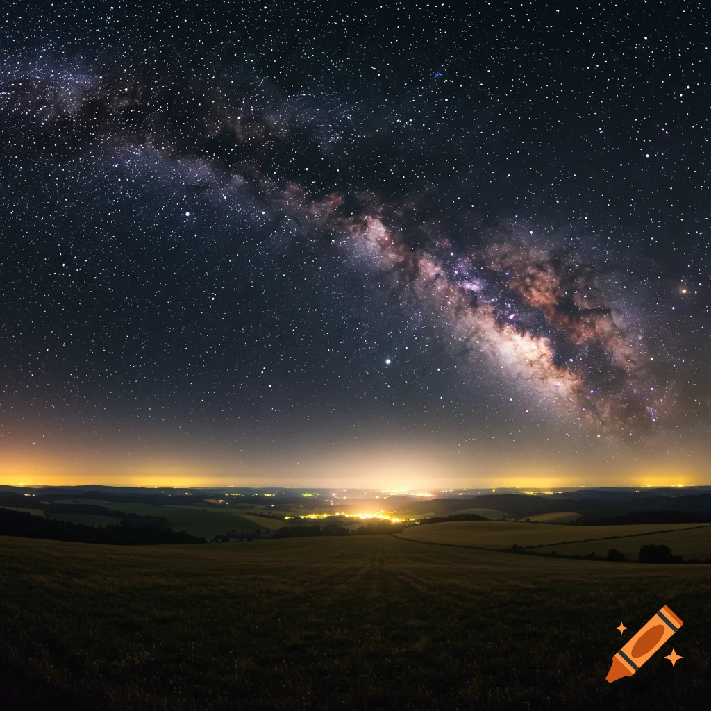 The Milky Way band arches across a dark night sky over a landscape with distant lights