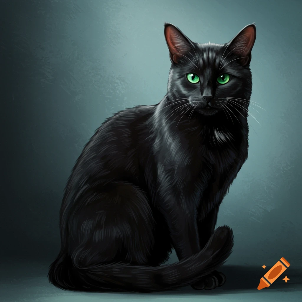 A black cat with green eyes.