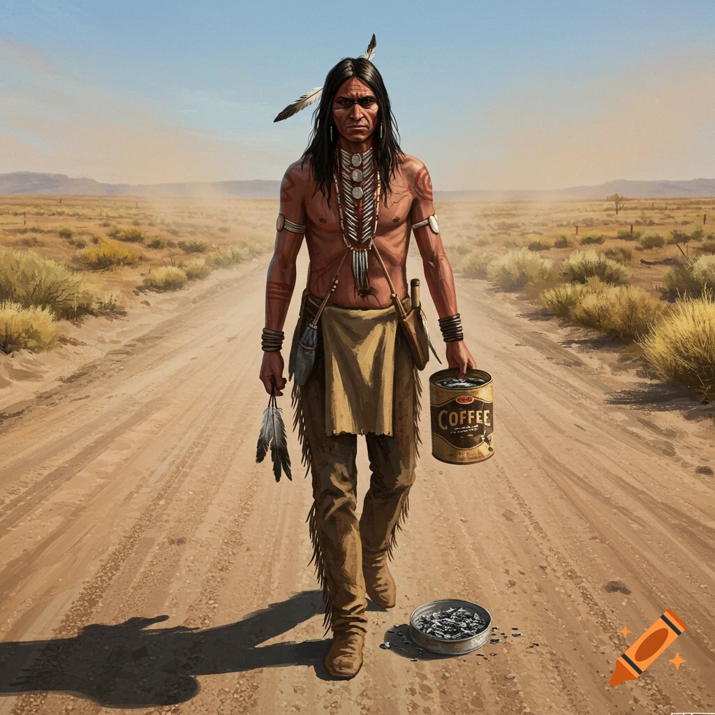 A Native American man walks on a desert road, holding a coffee can.
