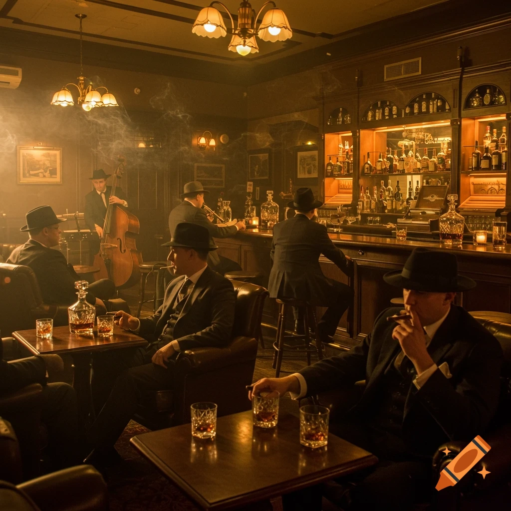 Men in suits smoke and drink in a dimly lit vintage bar with a jazz musician.