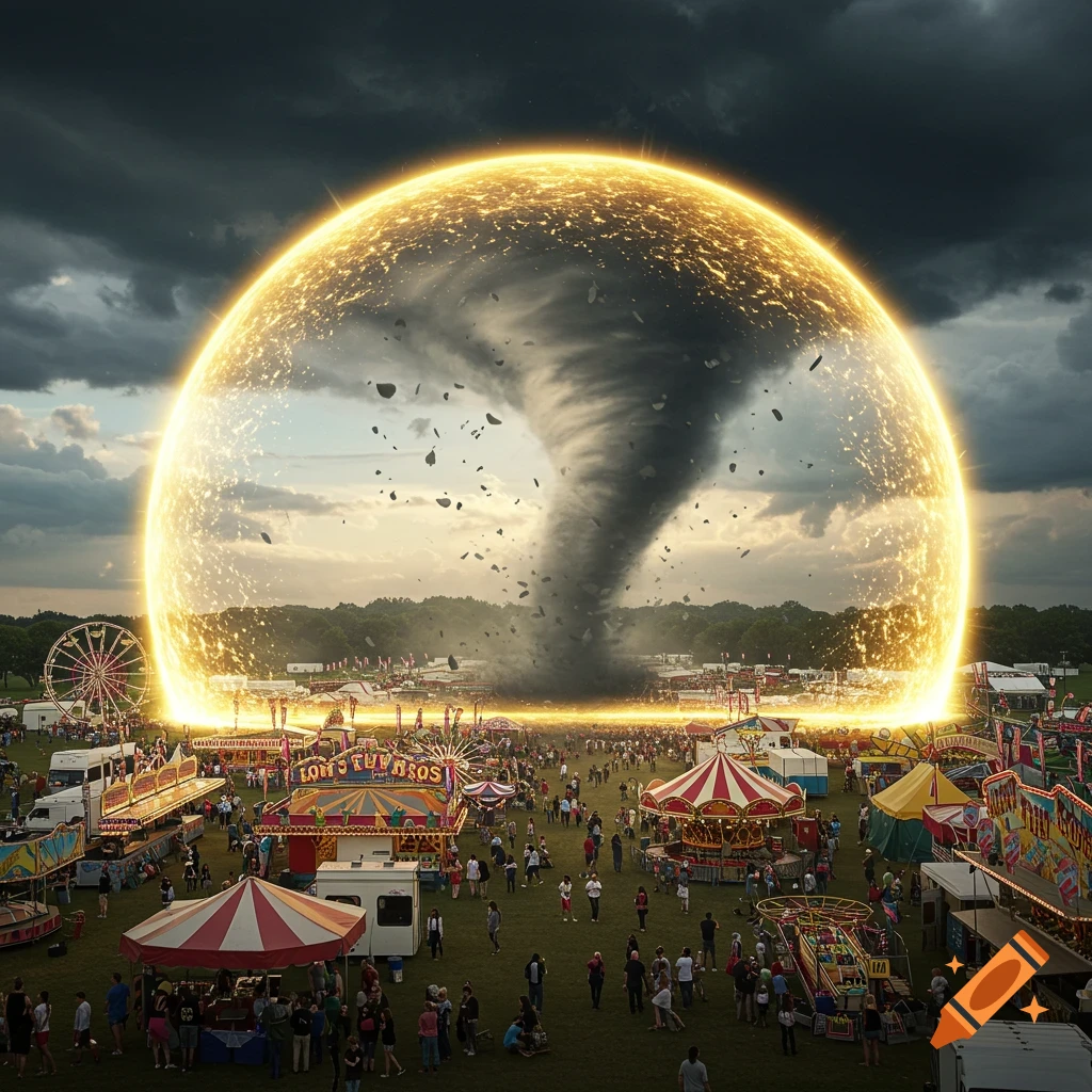 A fairground is protected from a tornado by a giant glowing energy shield.