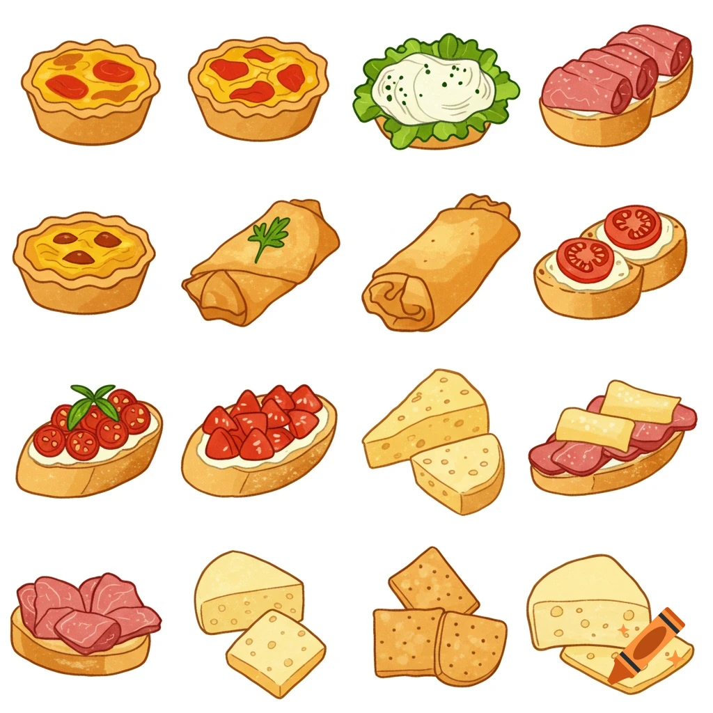 Clip art illustrations of various appetizers including tarts, bruschetta, spring rolls, cheese, and crackers.