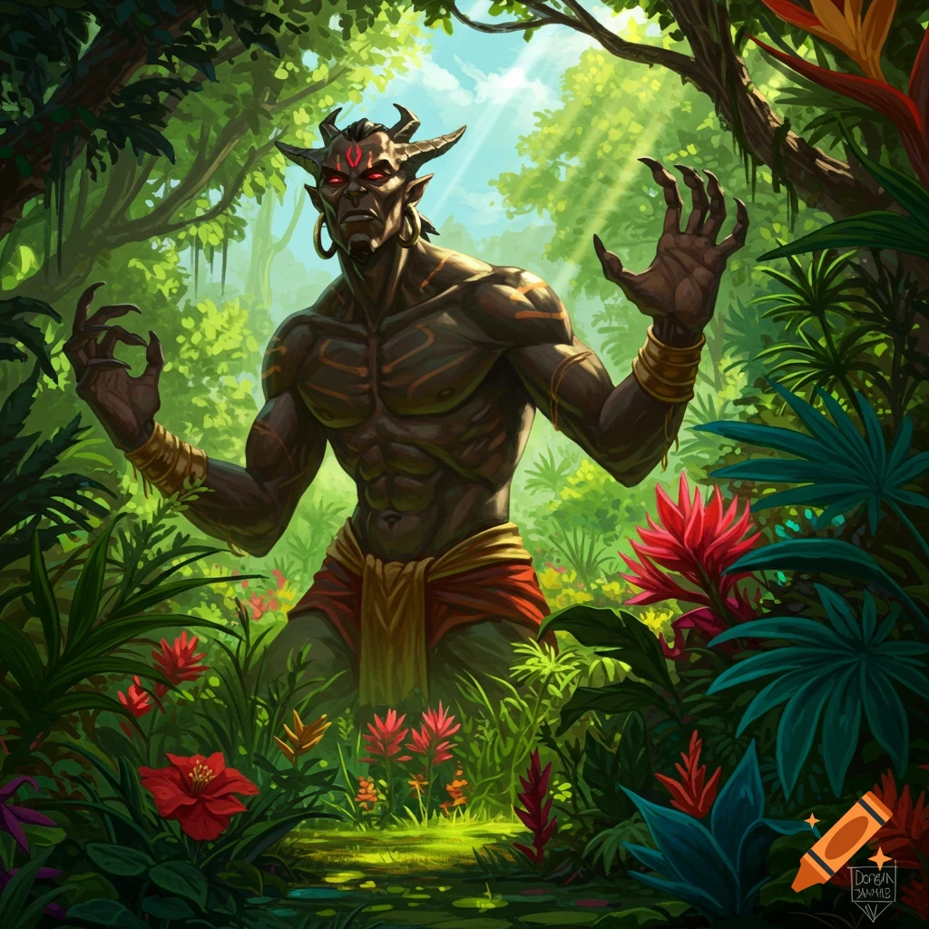 A horned creature with red eyes standing in a lush, sunlit jungle