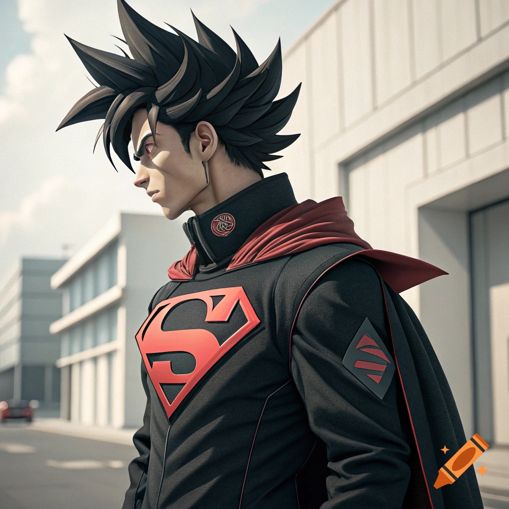 Anime-style character with spiky black hair wearing a black suit with a red S shield and red cape.