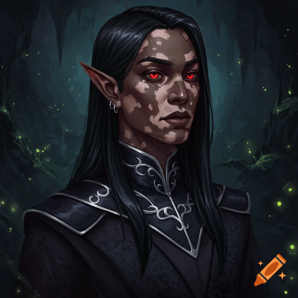 Portrait of a fantasy character with dark hair, vitiligo, red eyes, and pointed ears, in a dark setting.