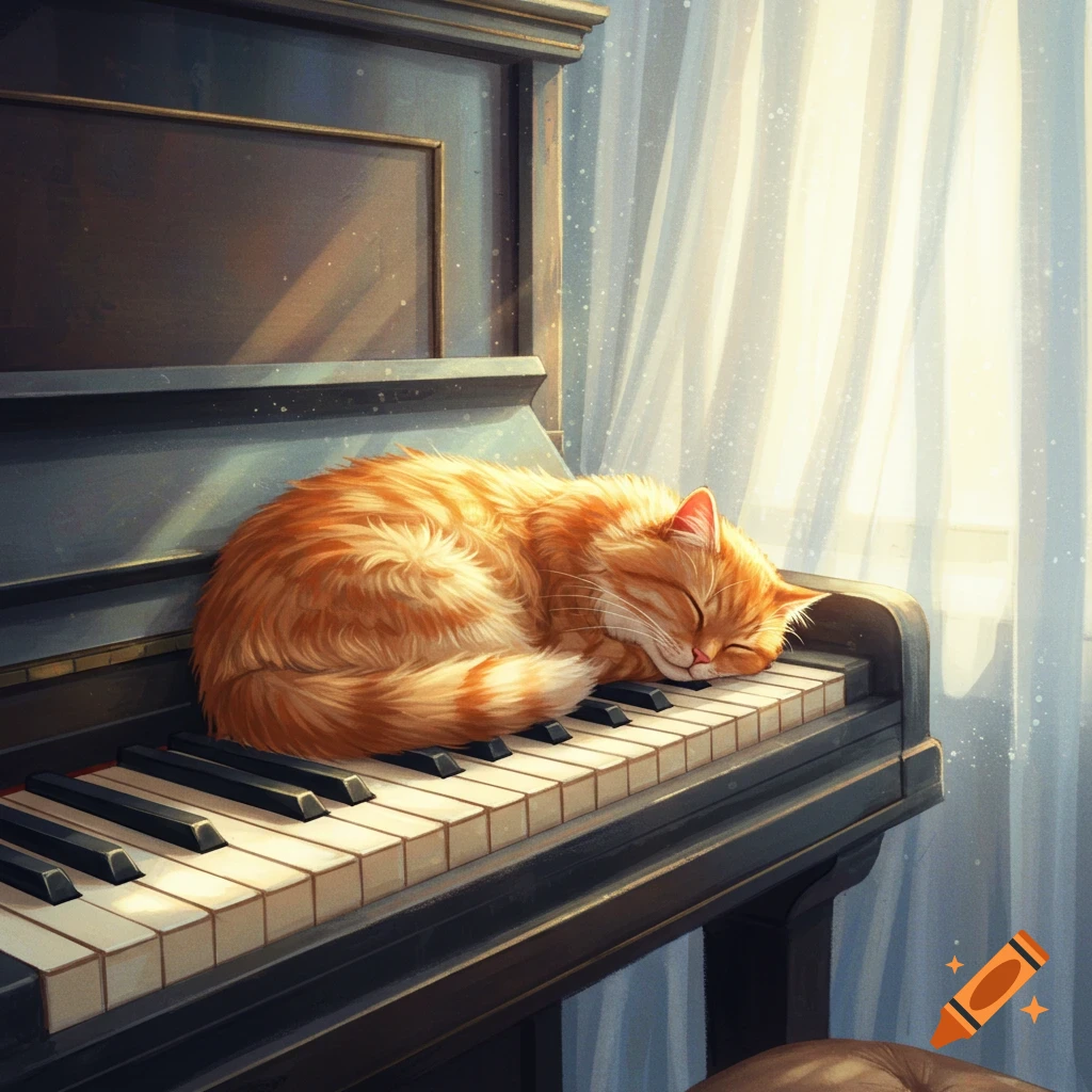 An orange cat sleeping on a piano keyboard, bathed in sunlight