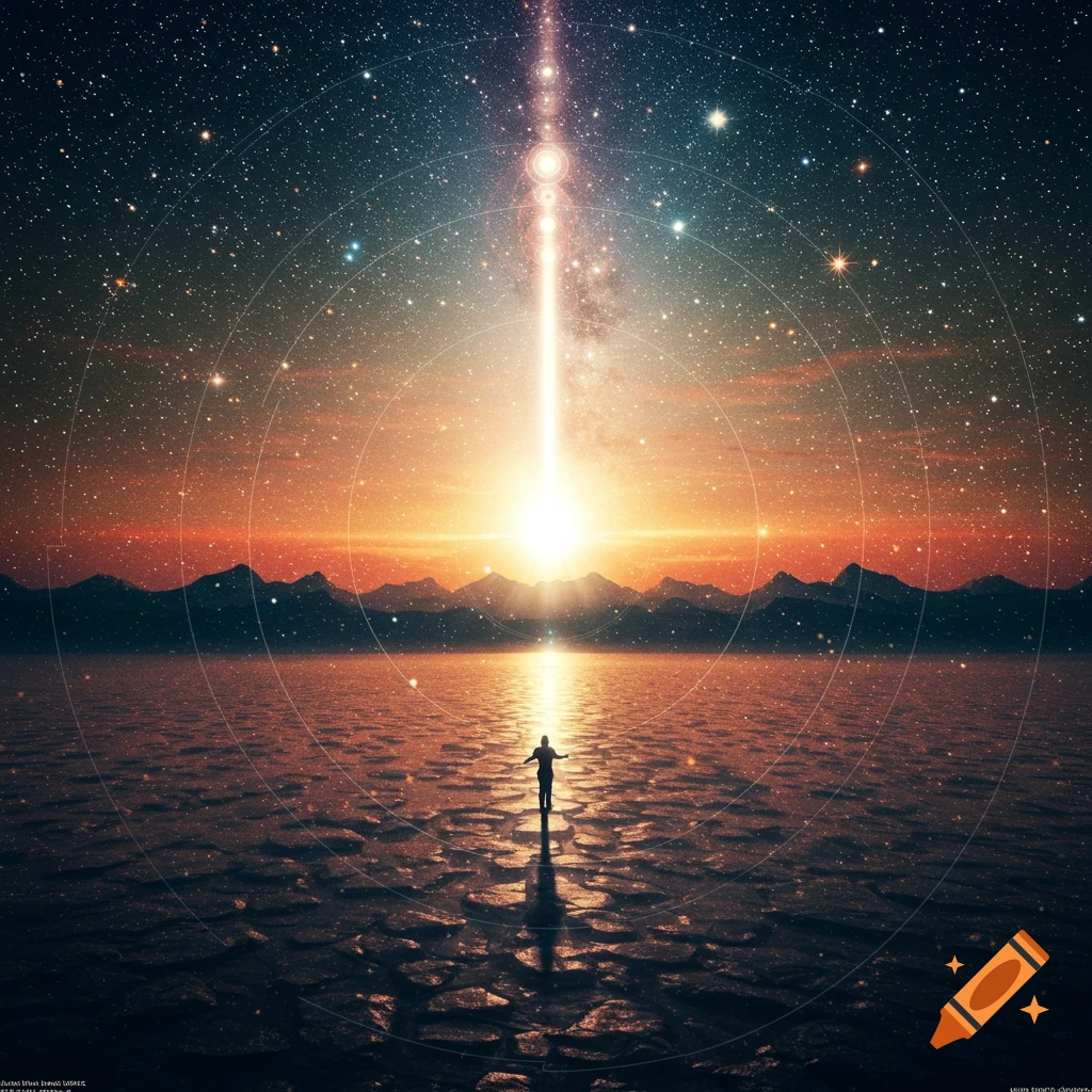 A person stands in a landscape, looking up at a bright light beam piercing a star-filled sky.